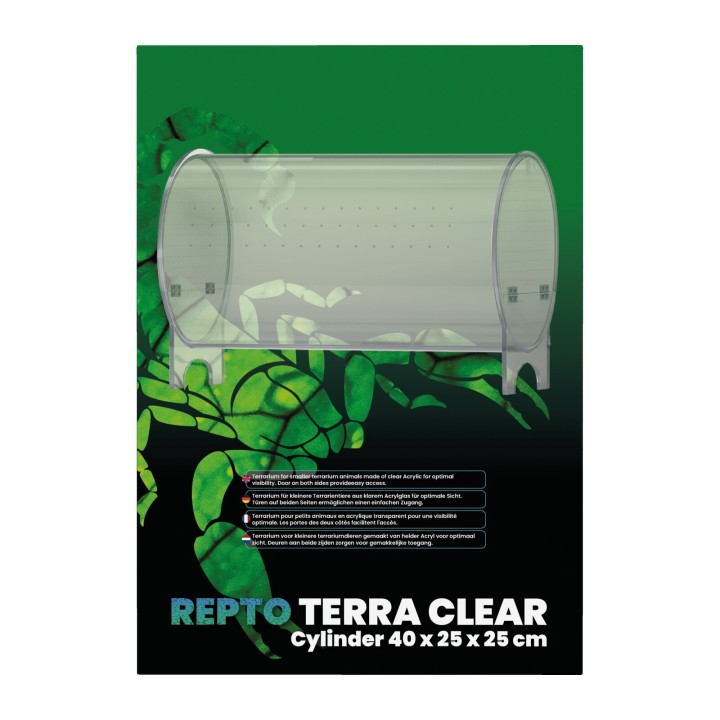 Terrarium Terra Clear Cylinder 40 x 25 x 25 cm Repto - terrarium pour reptiles, vue de face de l'emballage
