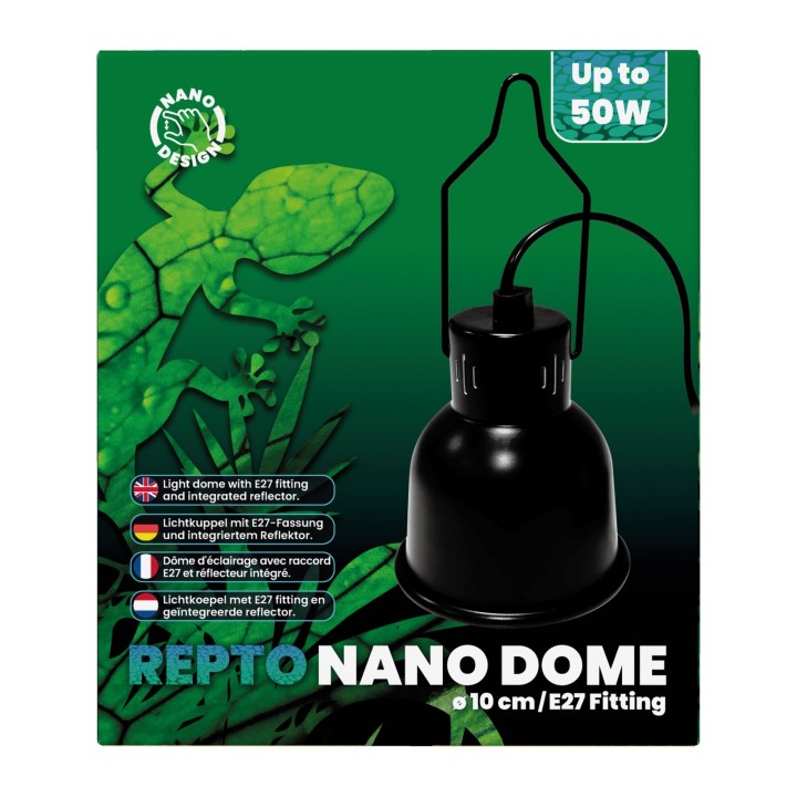Dôme Nano E27 10 cm noir Repto - accessoire d'eclairage pour terrarium, vue de face de l'emballage