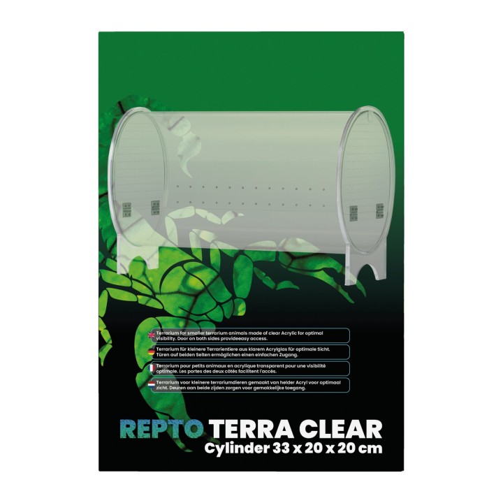 Terrarium Terra Clear Cylinder 33 x 20 x 20 cm Repto - terrarium pour reptiles, vue de face de l'emballage