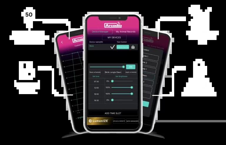 Application Arcadia LumenIZE affichant le pilotage des rampes sur smartphone
