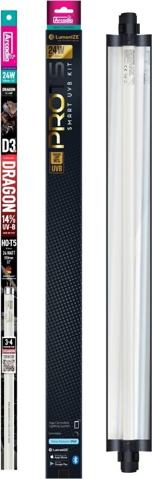 Kit complet LumenIZE ProT5 SMART UVB KIT D3+ Dragon 14% Arcadia — tube T5 Dragon D3 14% UV-B, packaging LumenIZE et rampe ProT5