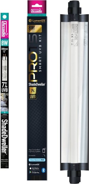 Kit complet LumenIZE ProT5 SMART UVB Kit ShadeDweller 7% Arcadia — tube T5 ShadeDweller 7% UVB 8W 300mm, packaging LumenIZE et rampe ProT5