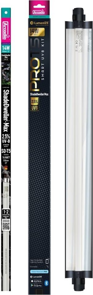 Kit complet LumenIZE ProT5 SMART UVB Max Kit ShadeDweller 2.5% Arcadia — tube T5 ShadeDweller Max 2.5% UVB 14W, packaging LumenIZE et rampe ProT5