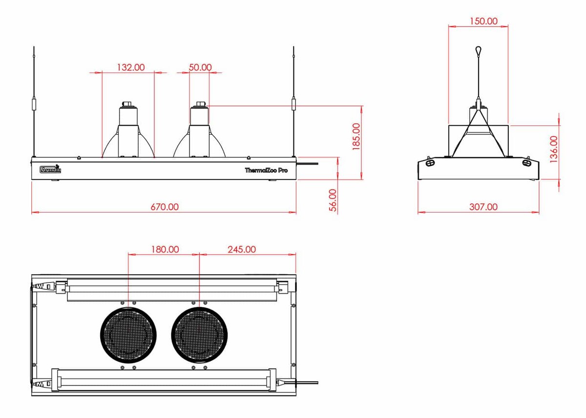 Plan de cotes Thermal Zoo Pro Twin Arcadia — dimensions 670×307mm, vue de face, de côté et de dessous